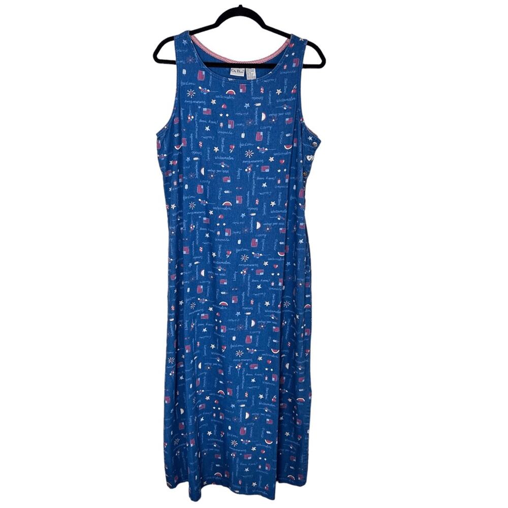 Vintage Koret City Blues Denim 4th of July Americana Sleeveless Long Dress Sz M